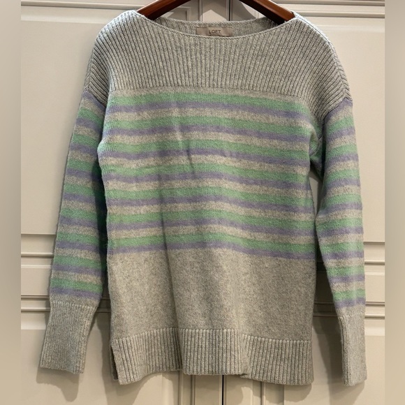Loft ~ Wool Blend Striped Sweater Gray Purple Green Size Medium - Picture 4 of 8